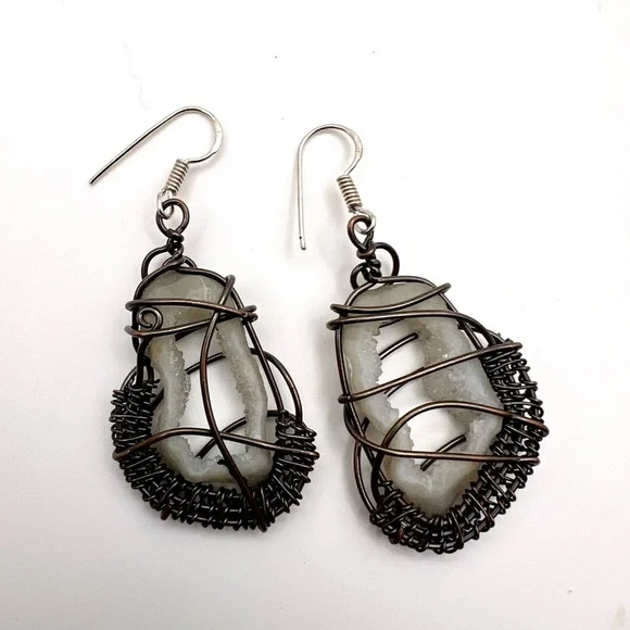 Copper Wire Wrapped Geode Quartz Earrings - Picture 4 of 6